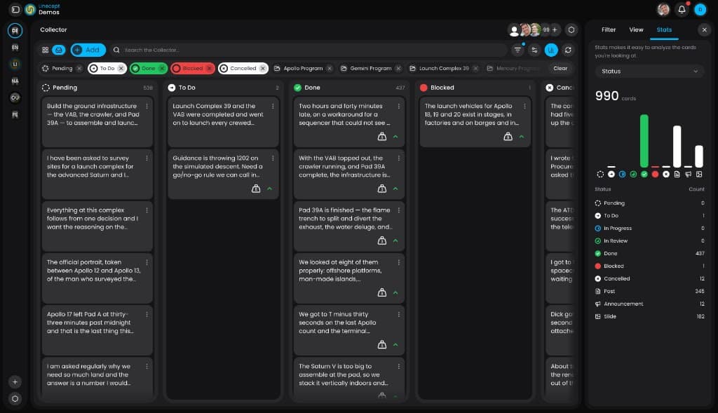 Linecept Collector board with status columns and a stats sidebar
